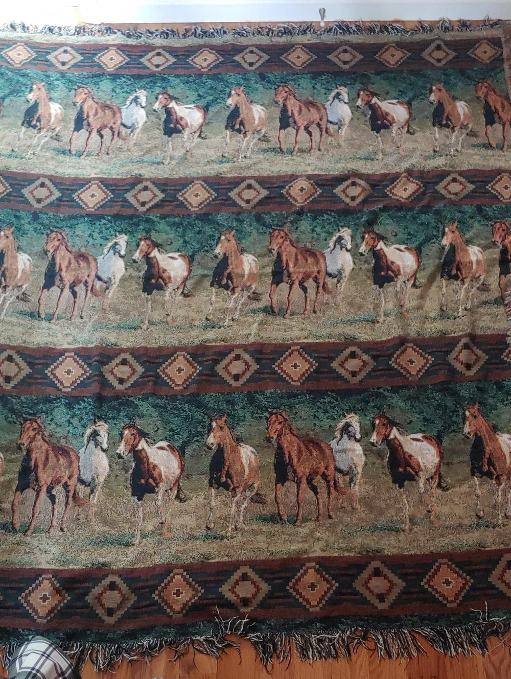 Vintage 90s Horse Tapestry Blanket C Cummings Western Fringe Throw